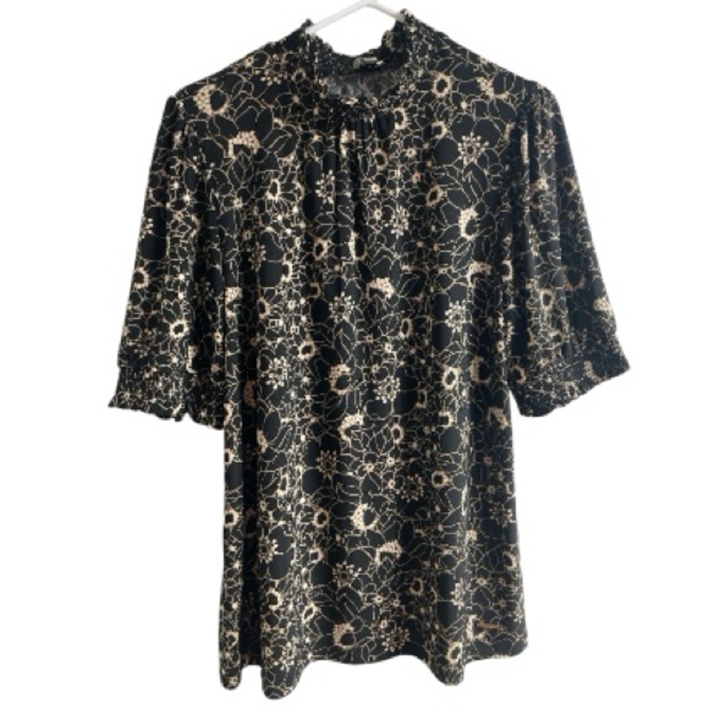 Anne Klein Womens‎ Black Cream Floral Smocked Mock Neck Blouse Large